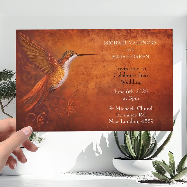Modern Burnt Orange Hummingbird Wedding Invitation (Creator Uploaded)