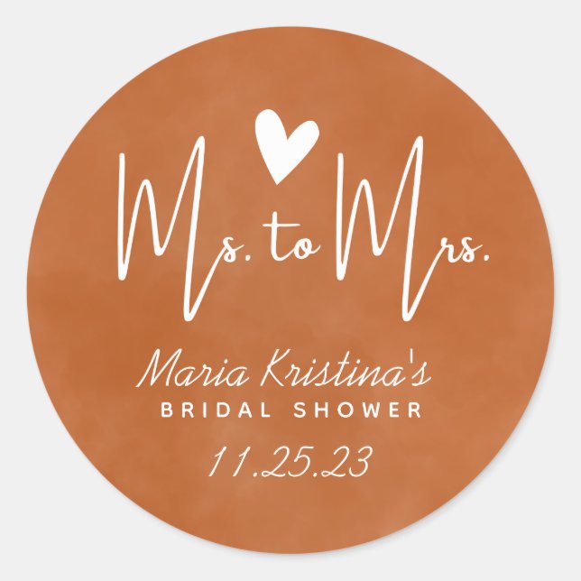 Modern Burnt Orange Ms to Mrs Bridal Shower Favour Classic Round Sticker (Front)
