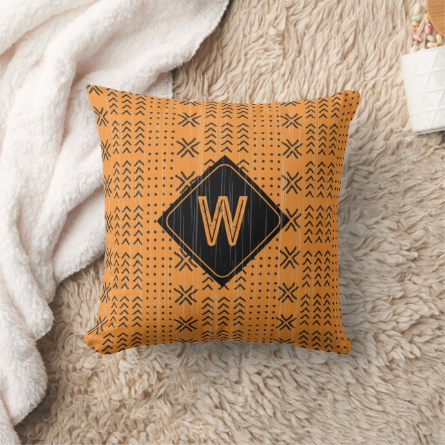 Modern Burnt Orange Mudcloth African Monogram Cushion (Blanket)