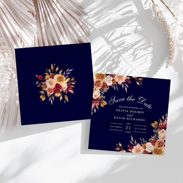 Modern Burnt Orange Navy Blue Wildflowers Wedding Save The Date (Modern Burnt Orange Navy Blue Wildflowers Wedding Save The Date on a sunny boho white table.)