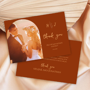 Modern Burnt Orange Photo Monogram Wedding Thank You Card