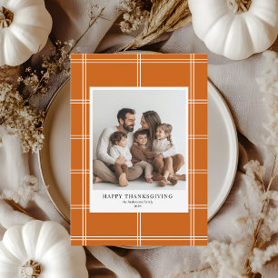 Modern Burnt Orange Plaid Thanksgiving Photo Invitation