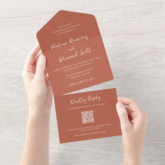 Modern Burnt Orange QR Code Simple Wedding All In One Invitation (Tearaway)