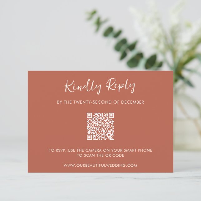 Modern Burnt Orange QR Code Simple Wedding RSVP Card (Standing Front)