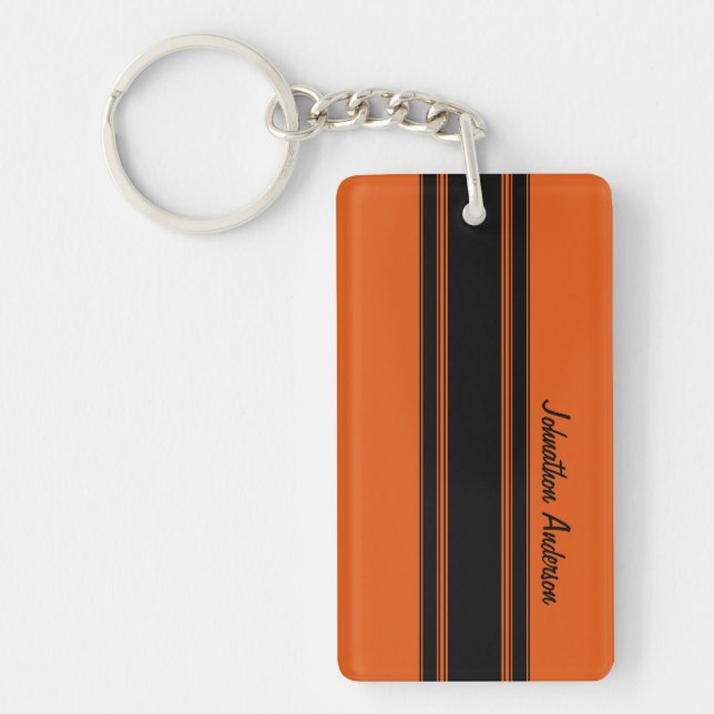 Modern Burnt Orange Racing Stripes With Name Key Ring (Front)