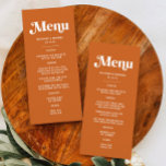 Modern Burnt Orange Retro Boho Wedding Menu<br><div class="desc">The perfect addition to your wedding table decor. Ideal for a retro wedding, this menu encapsulates retro wedding inspiration with its 70s inspired wedding design. Whether you're planning a funky wedding, an eclectic wedding, or a disco wedding with a boho disco wedding flair, this menu fits seamlessly into your groovy...</div>