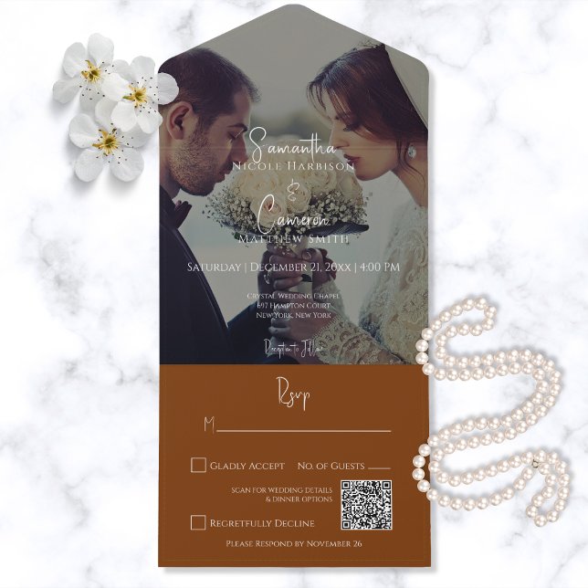 Modern Burnt Orange Rust Elegant Photo QR Code All In One Invitation (Creator Uploaded)