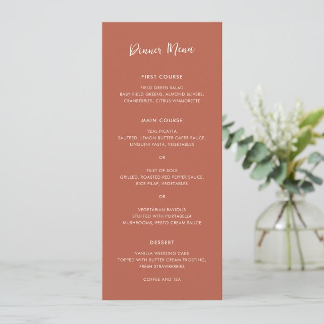 Modern Burnt Orange Simple Wedding Menu (Standing Front)