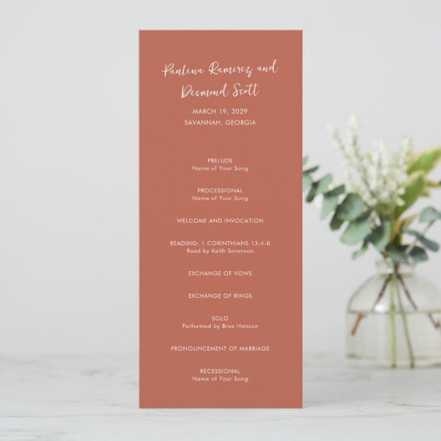Modern Burnt Orange Simple Wedding Program (Standing Front)