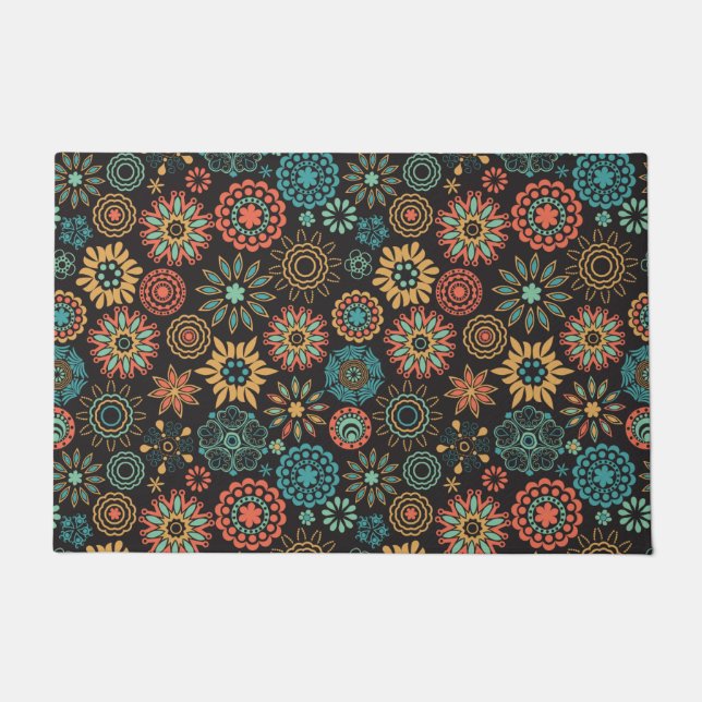 Modern burnt orange teal floral pattern doormat (Front)