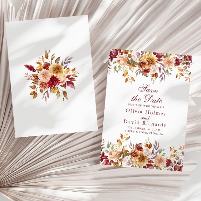 Modern Burnt Orange Terracotta Wildflowers Wedding Save The Date (Modern Burnt Orange Terracotta Wildflowers Wedding Save The Date on a sunny neutral dry palm leaf.)