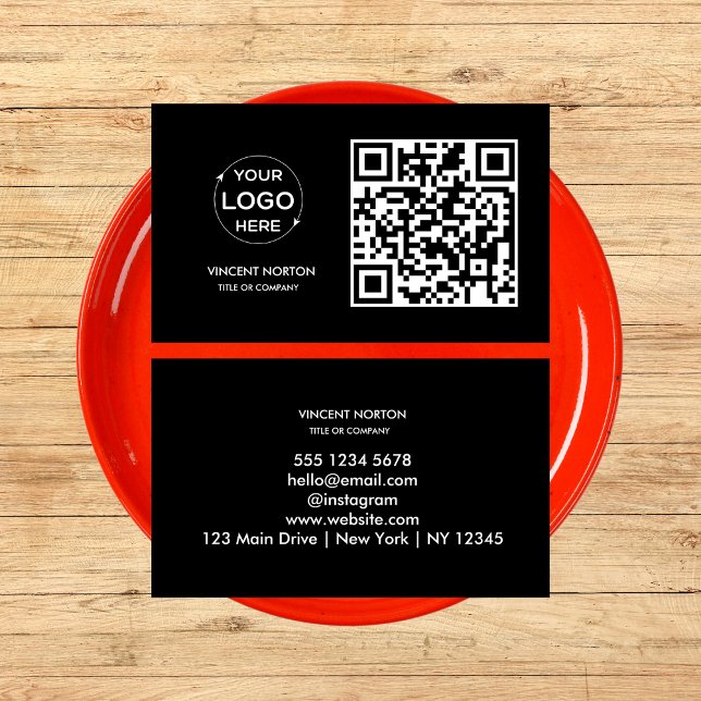 Modern Business Card with QR Code and Custom Logo (Modern Business Card with QR Code and Custom Logo in black background.)