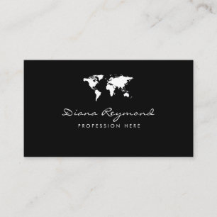 modern business card with white world map on black