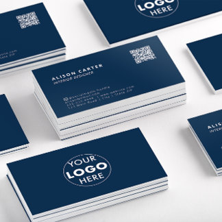 Modern Business Cards | Dark Blue | QR Code | Logo