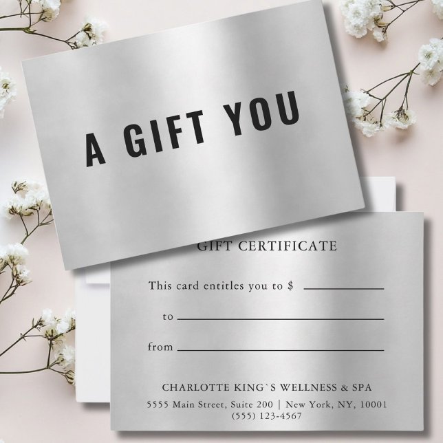 Modern BUSINESS GIFT CERTIFICATE | Silver (Personalized BUSINESS GIFT CERTIFICATE | Silver. Modern minimal, luxury.)