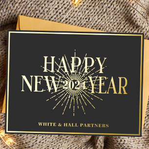 Modern Business Happy New Year Logo Black Gold Foil Holiday Card