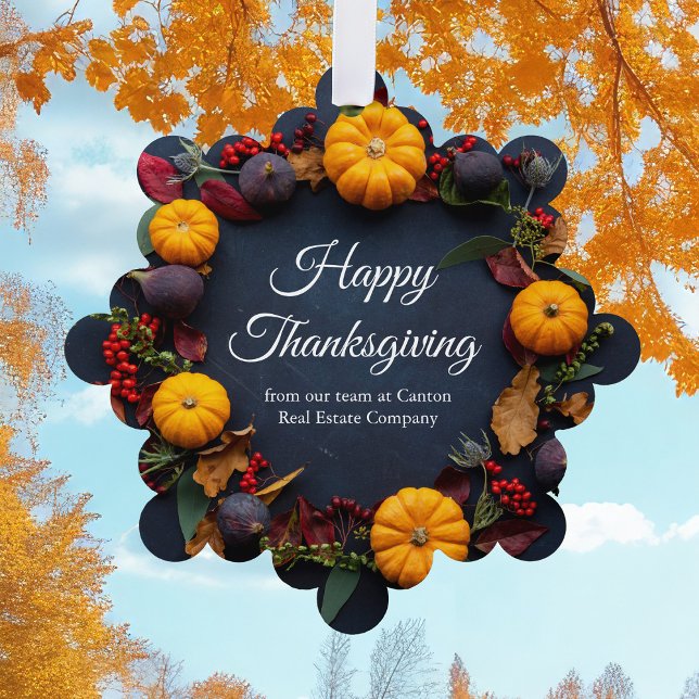 Modern Business Happy Thanksgiving Pumpkin Wreath Tree Decoration Card (Creator Uploaded)
