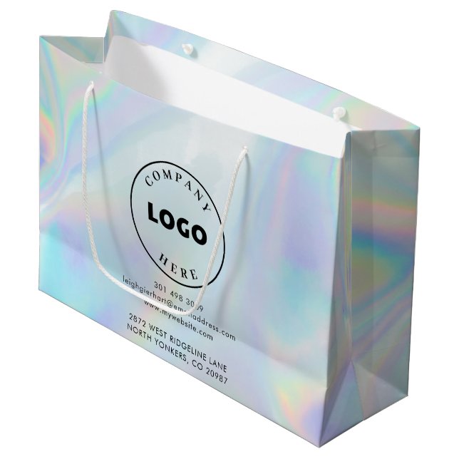 Modern Business Logo and Address Holographic Cusom Large Gift Bag (Front Angled)
