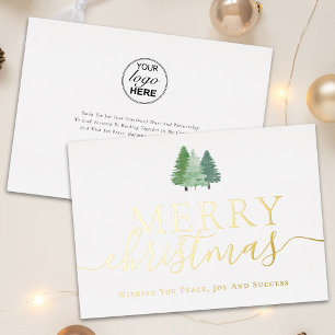 Modern Business Logo Christmas Trees Script Gold Foil Holiday Card