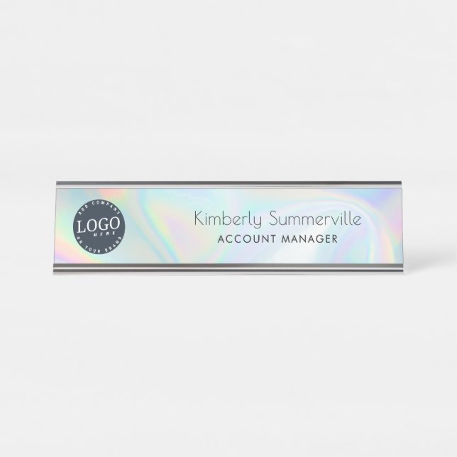 Modern Business Logo Iridescent Coworkers Custom Desk Name Plate (Front)