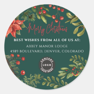 Modern Business Logo Merry Christmas Botanical Classic Round Sticker
