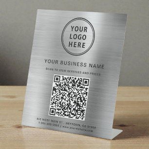 Modern Business Logo QR Code Silver Pedestal Sign