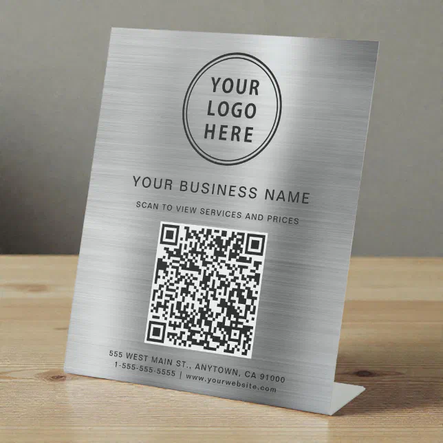 Silver Qr Code Logo Modern Business Logo QR Code Silver Pedestal Sign | Zazzle