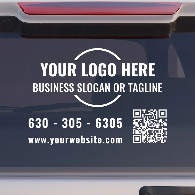 Modern Business Logo QR Code White Car Vinyl (Modern, professional business car window decal with your logo, QR code and contact details in white.)
