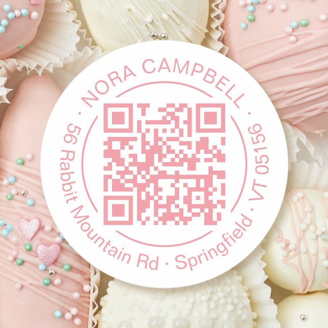 Modern Business Name QR Code Peach Pink Frame Classic Round Sticker (Modern, elegant business name, QR code round sticker with circle frame in peach pink.)