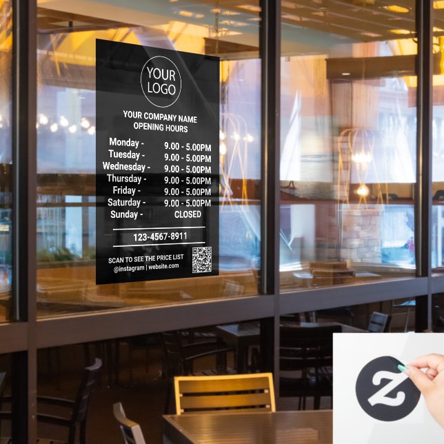 Modern Business Opening Hours Logo Qr Code Black   (Restaurant Window)