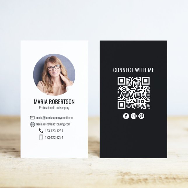 Modern Business Photo QR Code Black and White Business Card (Black and white photo business card with scannable QR Code )