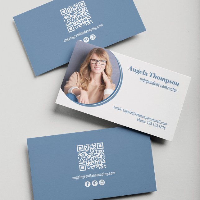 Modern Business Photo QR Code  Business Card (Modern blue and white business card)