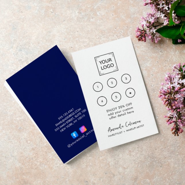 Modern Business Reward 6 Punch Logo white BLUE Business Card (Blue and WHITE MINIMAL 6 PUNCH LOYALTY CARD WITH SPACE FOR YOUR LOGO AND SIGNATURE NAME. )
