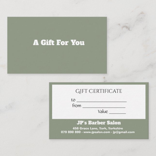 Modern Business Sage Green Custom Gift Certificate (Front/Back)