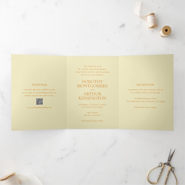 Modern Butter Yellow QR Code Elegant Wedding Tri-Fold Invitation (Inside)