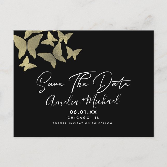 Modern Butterflies Faux Gold Save the Date  Postcard (Front)