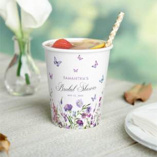 Modern Butterflies Floral Purple Bridal Shower Paper Cups