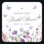 Modern Butterflies  Floral Purple Bridal Shower  Square Sticker<br><div class="desc">Introducing our "Lifetime of Butterflies" Purple Floral Wildflowers Bridal Shower Celebrate the bride-to-be with elegance and charm. Adorned with delicate purple florals reminiscent of a lifetime of happiness, this invitation sets the perfect tone for a delightful bridal shower celebration. Join us as we honour the bride and shower her with...</div>