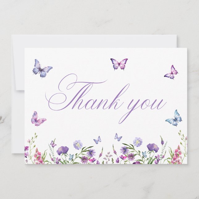 Modern Butterflies Floral Purple Bridal Shower  Thank You Card (Front)