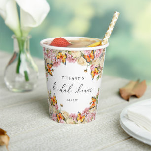 Modern Butterflies Pink Peonies Bridal Shower Paper Cups