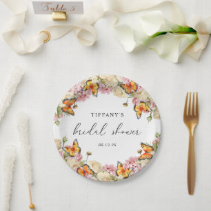 Modern Butterflies Pink Peonies Bridal Shower Paper Plate
