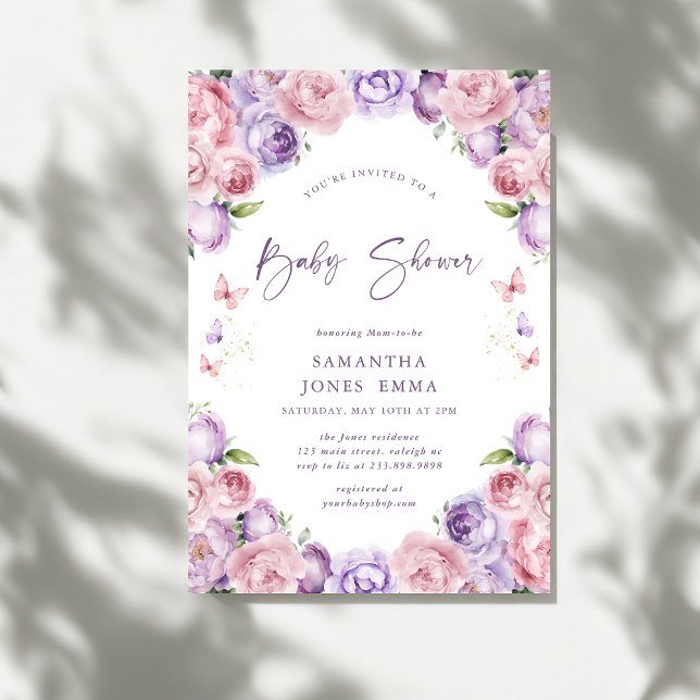 Modern Butterflies Pink Purple Baby Shower Invitation (Creator Uploaded)