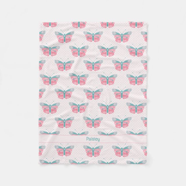 Modern Butterflies - pink teal - with name Fleece Blanket (Front)