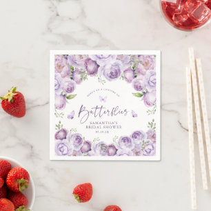 Modern Butterflies Purple Floral Bridal Shower Napkin