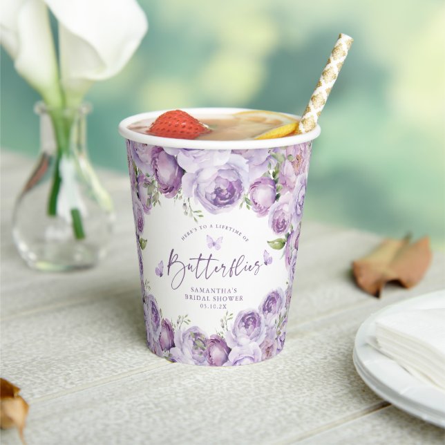 Modern Butterflies Purple Floral Bridal Shower Pap Paper Cups (Insitu)