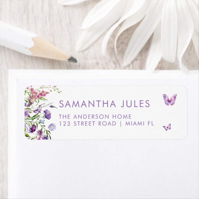 Modern Butterflies Purple Floral  Return Address Label (Insitu)