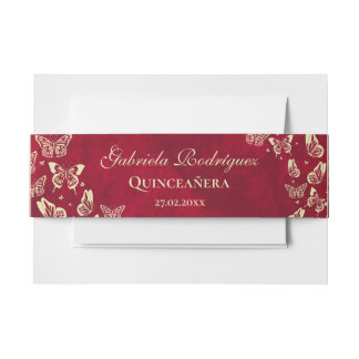 Modern Butterfly Gold Red Quinceañera 15 Years Old Invitation Belly Band