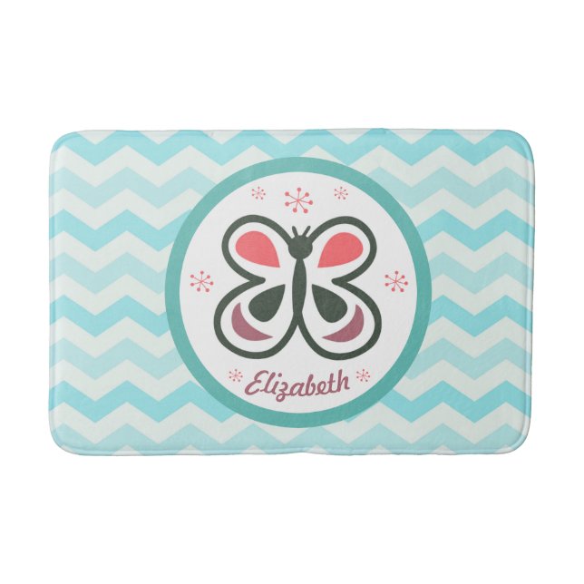 Modern Butterfly Personalised Chevron Kid Bathroom Bath Mat (Front)