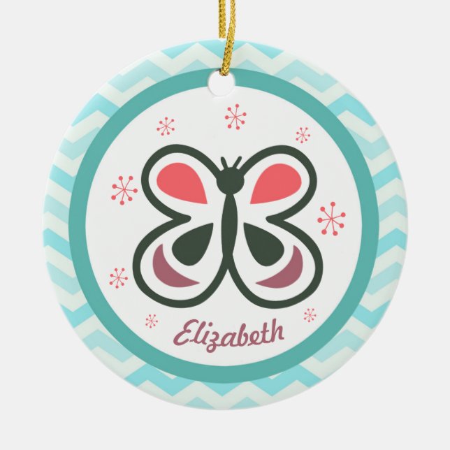 Modern Butterfly Personalised Chevron Kids Gift Ceramic Ornament (Front)