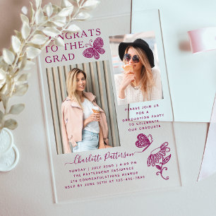 Modern Butterfly Photo Graduation Party Acrylic Invitations